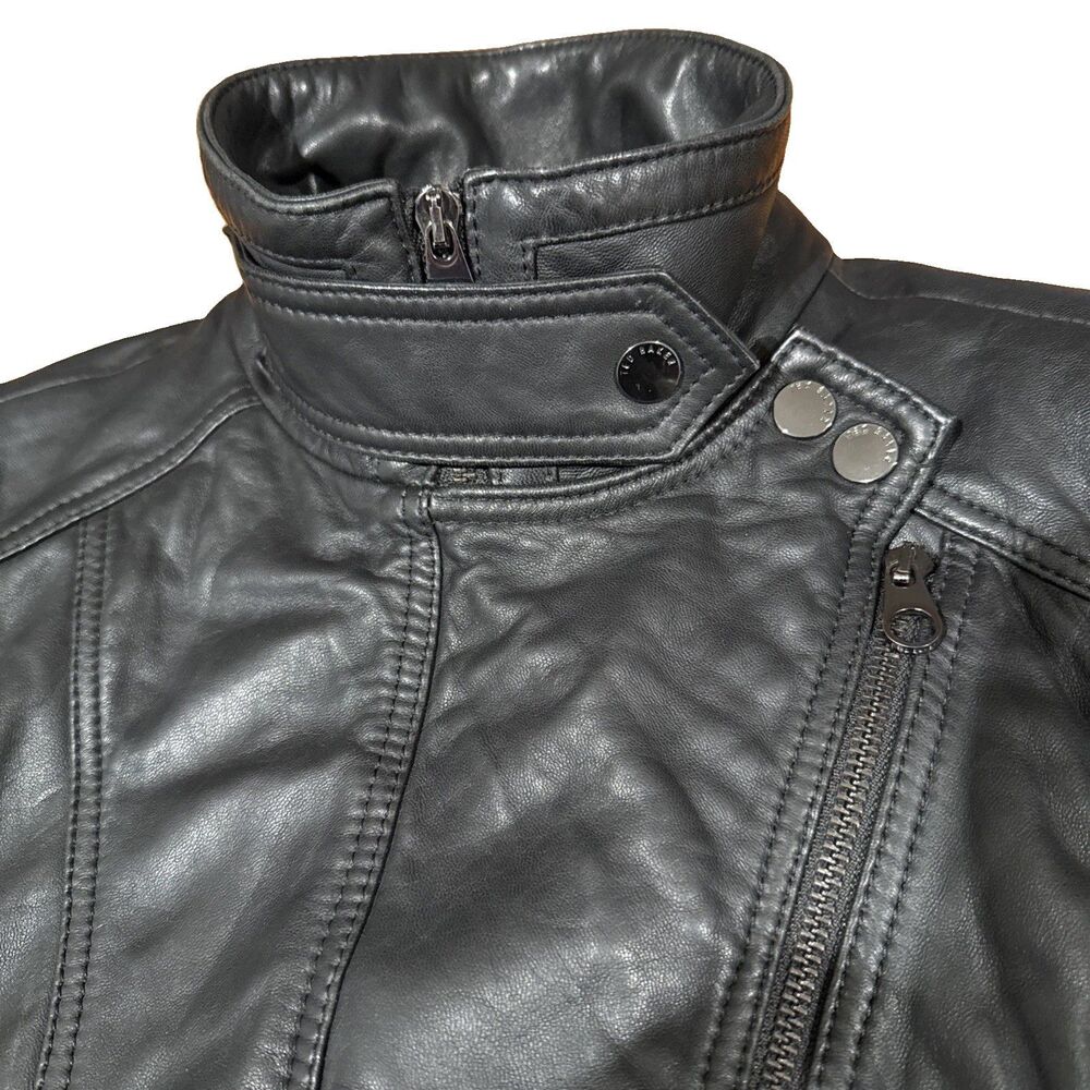 Ted Baker Black Leather Jacket Moto Silver Hardware Size 0 Biker - Picture 4 of 11
